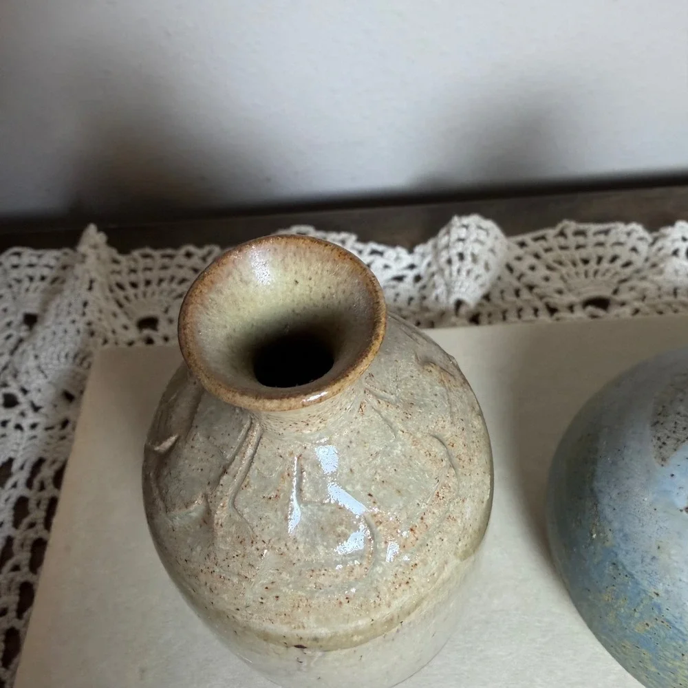 Studio Pottery Bud Vases Set 2 Signed Hand Thrown Ceramic Tan Blue Salt Glaze